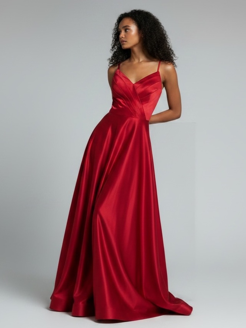 Red Satin Spaghetti-Strap Evening Dress